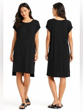 Eileen Fisher XL Black Ribbed Shift Dress Tencel Stretch Minimalist Capsule